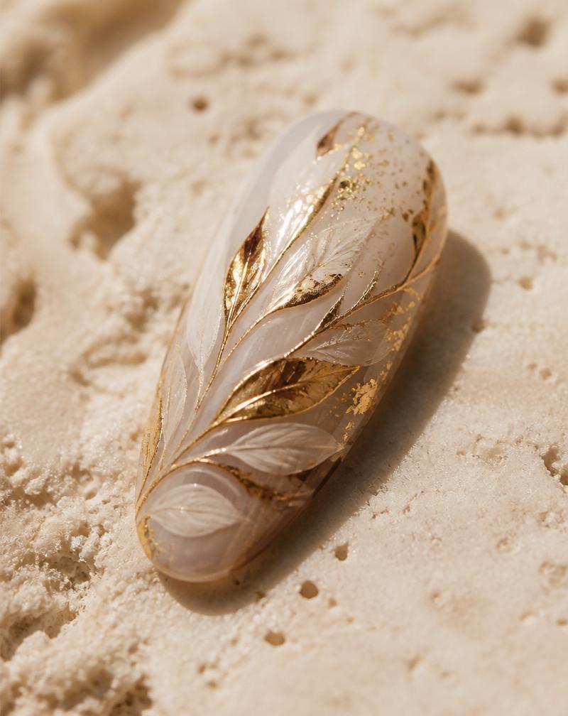Macro detail of a hand-painted nail with gold leaf