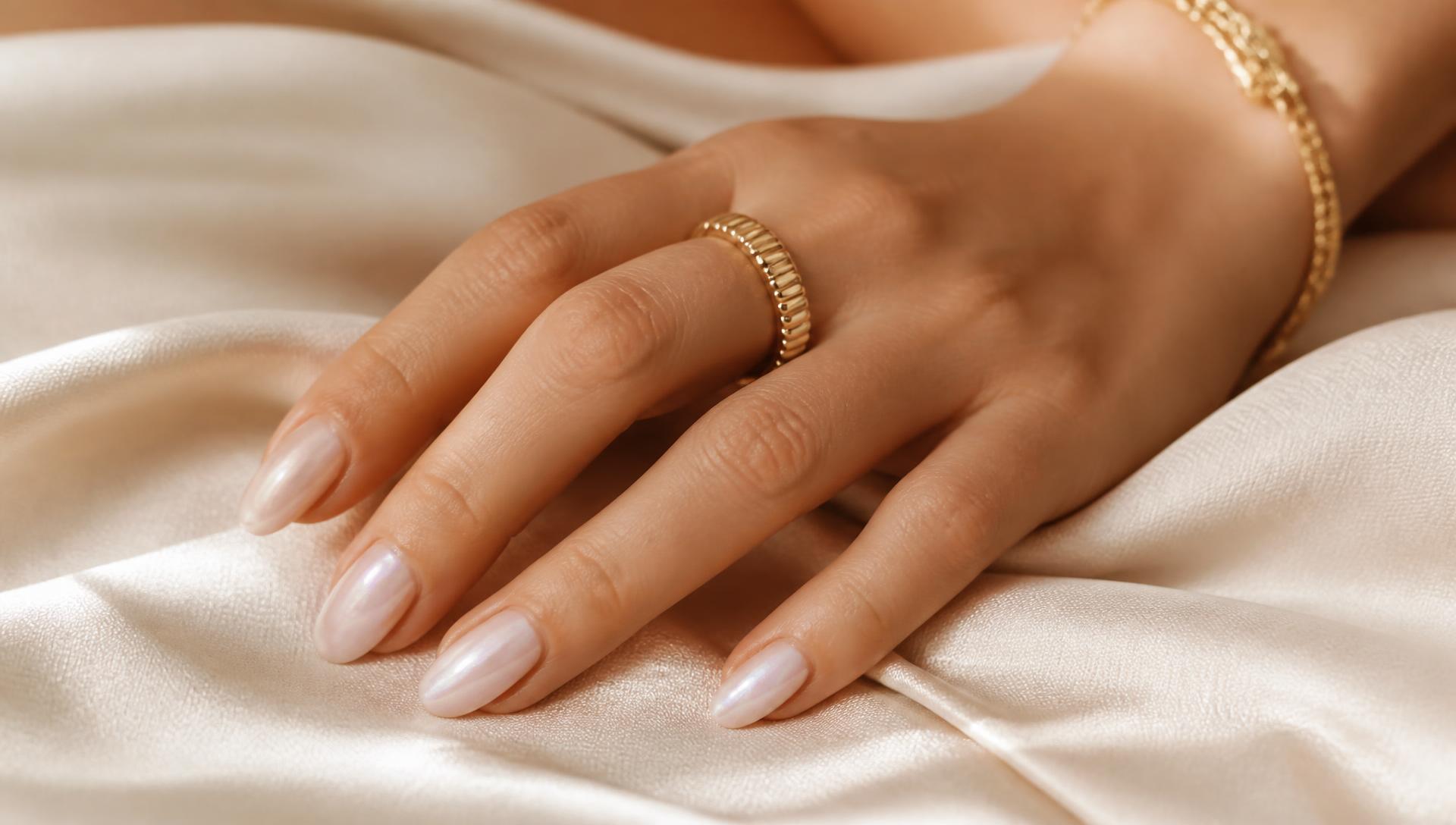 A hand with almond-shaped pearl-finish press-on nails resting on ivory silk